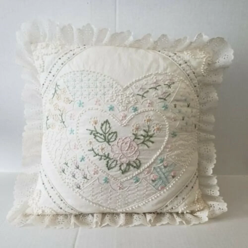 Something Special Heart Embroidered Pillow Eyelet Lace 14 x 14